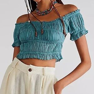 Free People FP One Cheri Top Smocked Cropped Mint Green Off The Shoulder Blouse